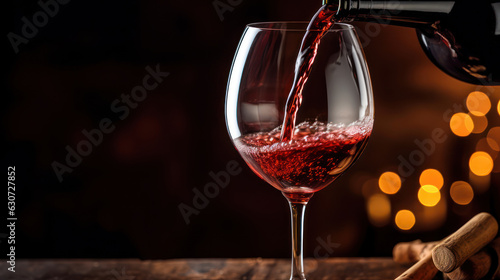 Macro photo. Pouring red wine into a wineglass.