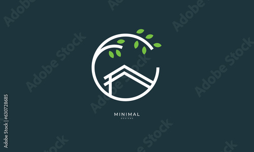 A line art icon logo of a house / home with a leaf circle	
