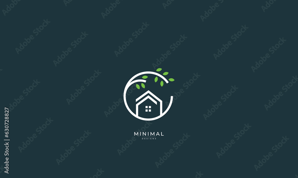 A line art icon logo of a house / home with a leaf circle A line art icon logo of a house / home with a leaf circle
