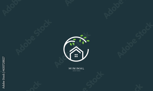 A line art icon logo of a house / home with a leaf circle 