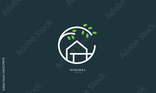 A line art icon logo of a house / home with a leaf circle	