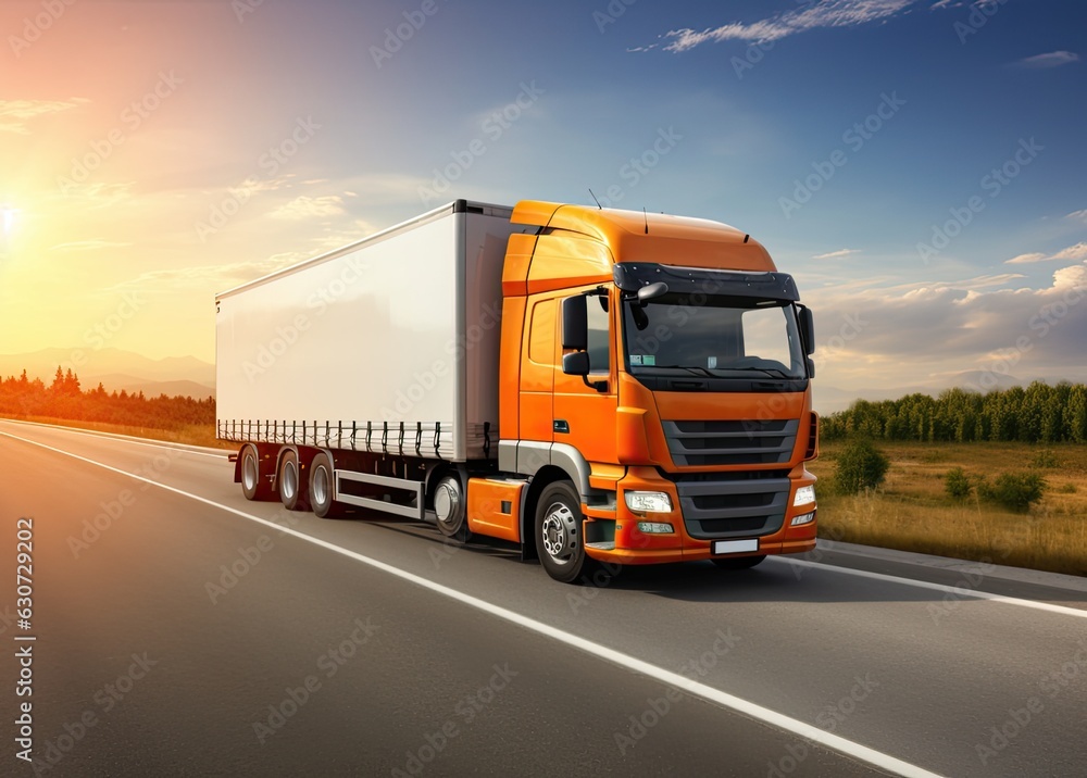 Semi Trailer Trucks the Parking lot at The Sunset Sky. Delivery Trucks. Cargo Shipping. Lorry. Industry Freight Truck Logistics Cargo Transport. Created with Generative AI technology.