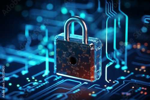 Futuristic background with a padlock as a symbol of internet security and personal data protection. AI generated photo