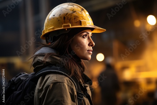 woman in yellow helmet, profile view, woman construction engineer worker