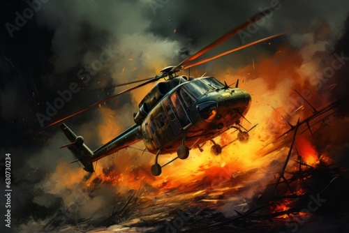 Helicopter Crash on fire. Digital Painting