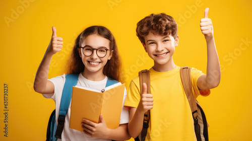 Two Cheerful happy young small schoolgirl and schoolboy make fingers thumbs up smile isolated on yellow color background.Created with Generative AI technology.