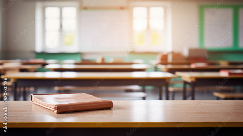 Blurry view of elementary class room no kid or teacher with chairs and tables in campus.Created with Generative AI technology. Blurry view of elementary class room no kid or teacher with chairs and tables in campus.Created with Generative AI technology.