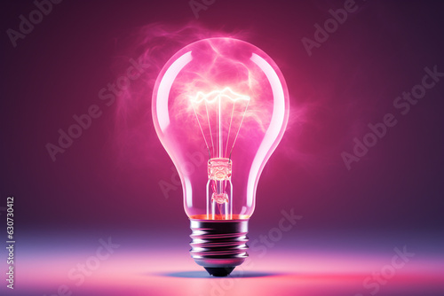 leuchtende Glühbirne in rosa pink Farbe mit dunklem Hintergrund. Generative Ai.