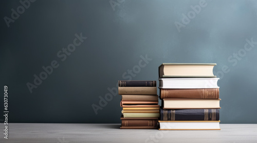 A stack of books on a table against a gray wall.Created with Generative AI technology.