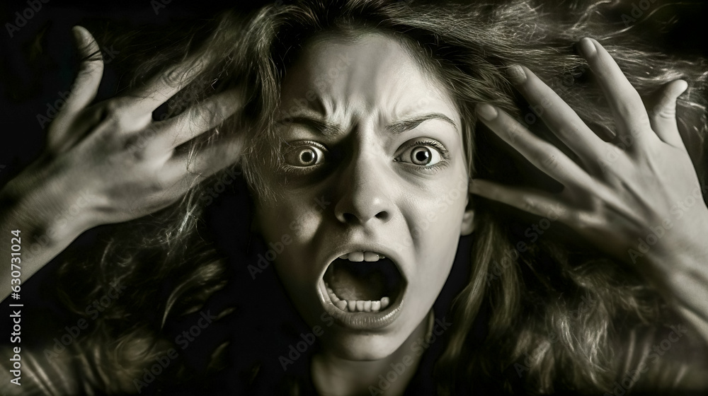 monochrome portrait of a young girl with an emotion of fright in her ...