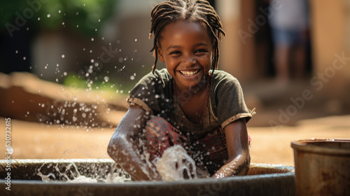 African child holds out his hands to a container of clean water.