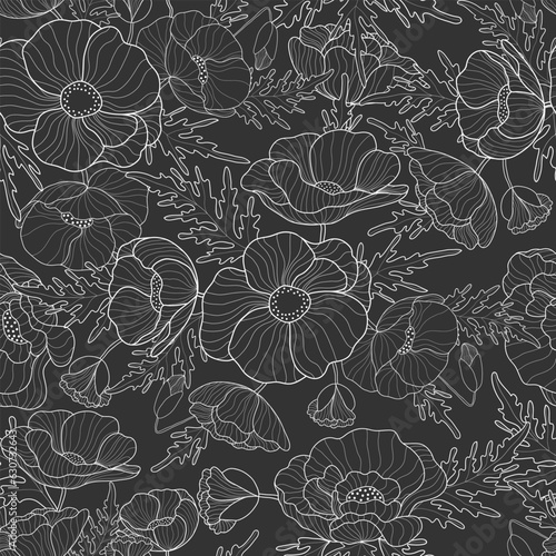 Flowers seamless pattern. White outline poppies on dark background. Floral print for textile, wallpapers, fabric and wrapping paper. Vector illustration 