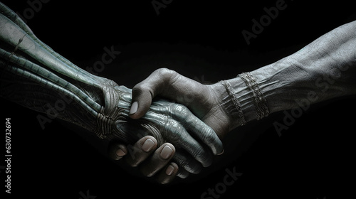 Alien contact hands. An alien shakes hands with an earthling. A handshake between two worlds. Cover design, business cards. photo