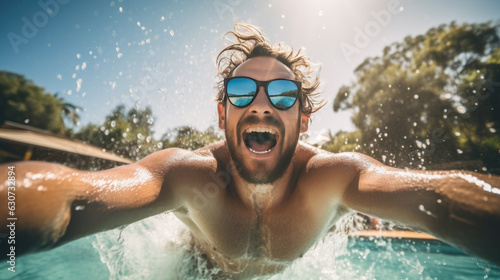 Joyful man jumps into the pool with lots of splashing. © MP Studio