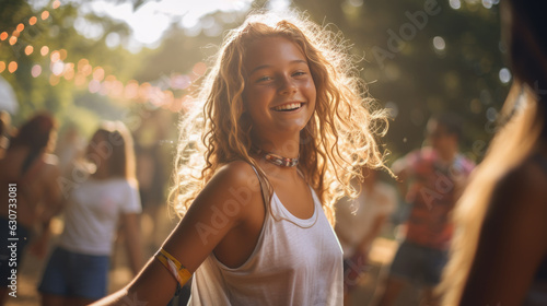 Young girl dancing at outdoor party. photo