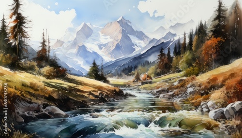 high snow-capped mountains with mountain stormy river watercolor style © oleksii