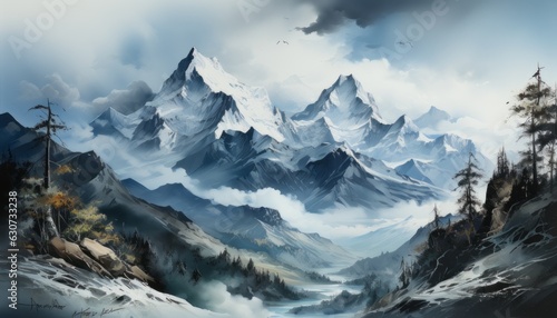 high snow-capped mountains watercolor style Gothic style 