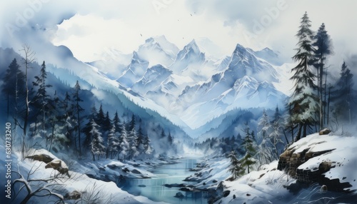 high snow-capped mountains watercolor style Gothic style 