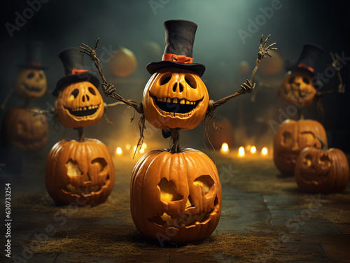 Scary funny dancing skeletons on the background of orange Halloween pumpkins