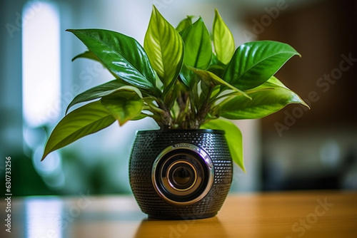 Webcam hidden in a plant flower pot surveillance of the house or office. Surveillance and security systems. Smart House. Espionage. Hidden camera for watching and to spy. Generative AI Technology photo