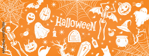 Halloween holiday background, vector simple ghost pumpkin cute spooky banner, cartoon wallpaper. Fun scary orange grave silhouette, dancing skeleton, spiderweb. Autumn creepy halloween background