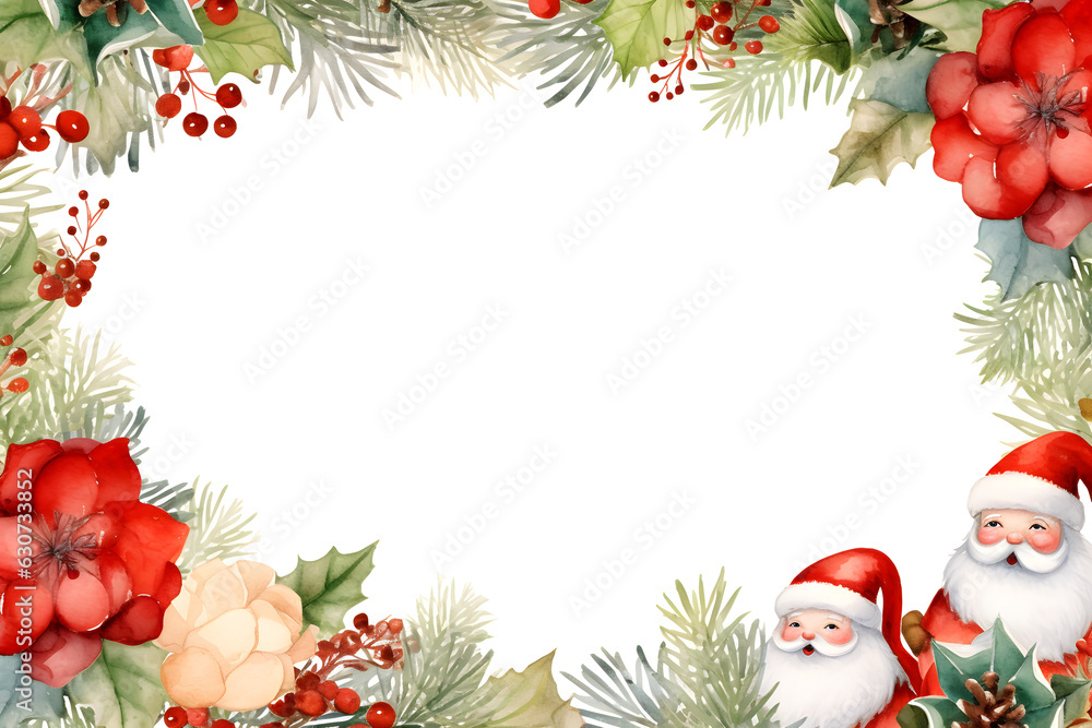 Cute Santa claus frame on white background. Merry Christmas Party and x'mas celebration Watercolor illustration background, Generative AI