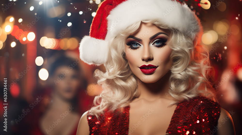 drag queen in santa claus hat  on the christmas background