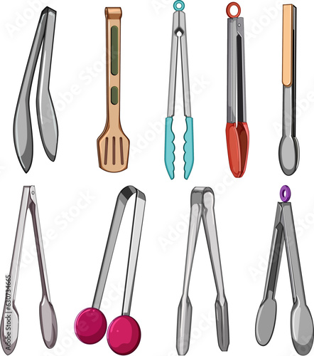 tongs hand set cartoon. tong kitchen, grill ice, outdoor line tongs hand sign. isolated symbol vector illustration