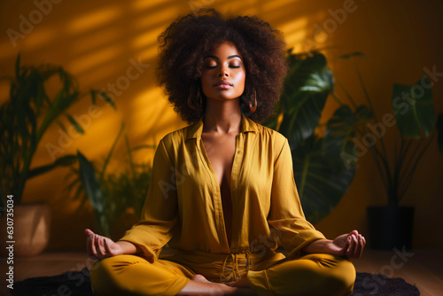 Young afro-american woman practicing breathing yoga pranayama in flat apartment. Unity connection with yourself, meditating for inner peace zen and balance, stable mental health concept. Generative AI