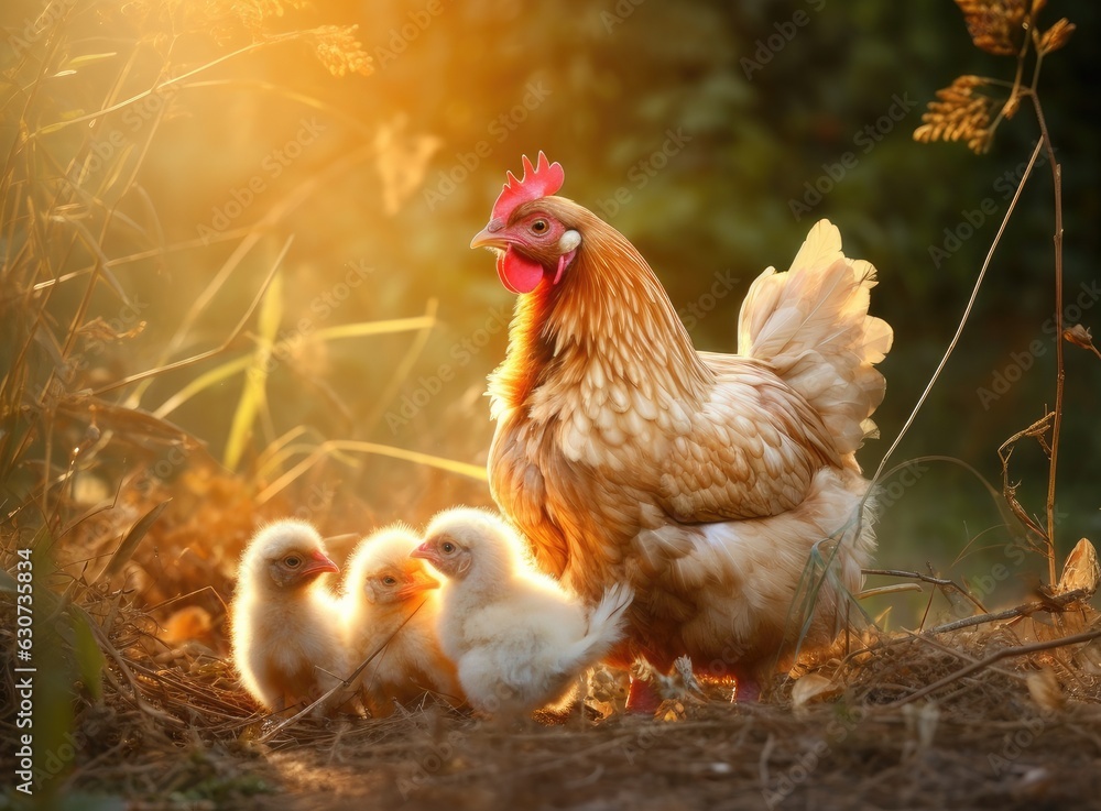 Fototapeta premium Mother hen with chickens in a rural yard. Chickens in a grass in the village against sun photos. Gallus gallus domesticus. Created with Generative AI technology.