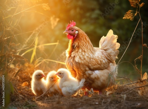 Mother hen with chickens in a rural yard. Chickens in a grass in the village against sun photos. Gallus gallus domesticus. Created with Generative AI technology.