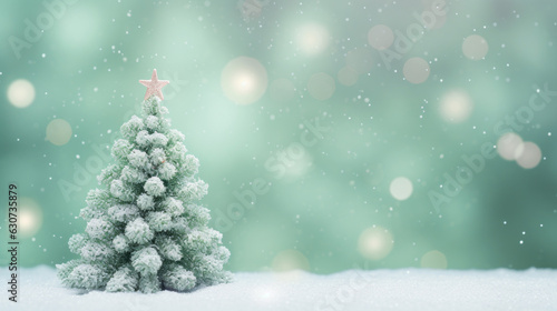 Christmas and New Year background with a fluffy real green Christmas tree on a green background and falling snow. photo