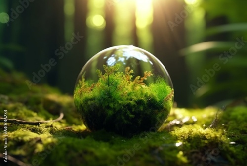 green globe in forest with defocused abstract moss and sunlight. generative ai