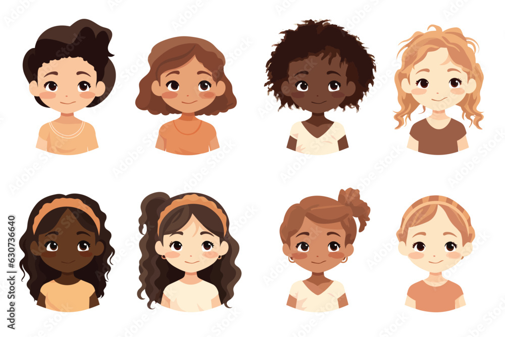 Portrait of girls with unique skin tones kids vector isolated illustration Portrait of girls with unique skin tones kids vector isolated illustration