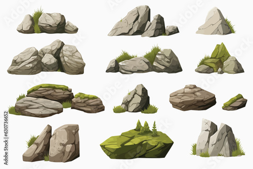 Stampa su tela rocks with moss set vector flat minimalistic isolated illustration
