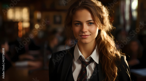 A smiling woman against a library background