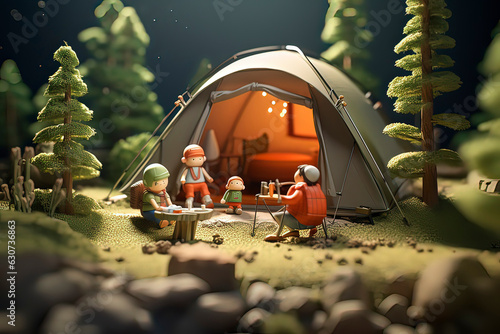 3D macro cartoon camping concept. AI technology generated image photo