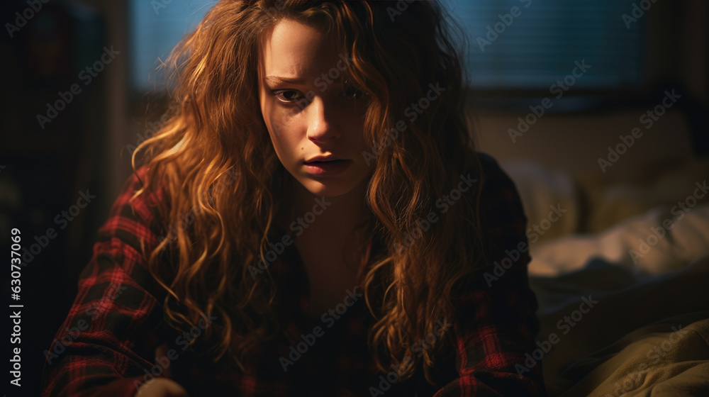Depressed woman with insomnia lies in her bed at night. Depressed woman with insomnia lies in her bed at night.