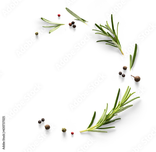 Fresh green organic rosemary leaves and peper isolated on white background. Transparent background and natural transparent shadow  Ingredient, spice for cooking. collection for design