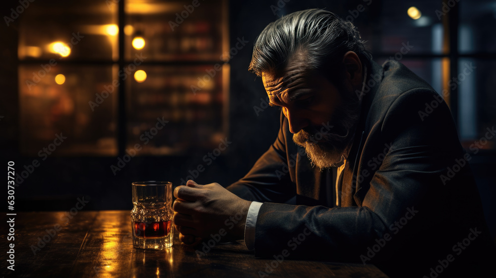 Man with an alcohol addiction sits at a table surrounded by glasses of alcohol. Man with an alcohol addiction sits at a table surrounded by glasses of alcohol.
