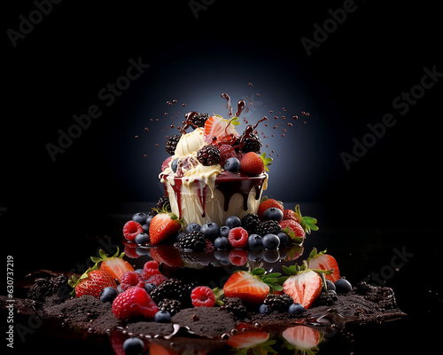 Ice cream banner, illustration with berries, fruits and chocolate
