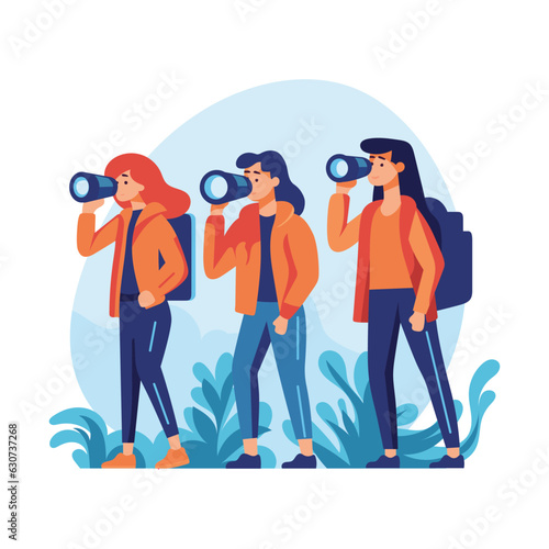 Adventure Girls with Binoculars: Hand-Drawn Flat Vector Art Illustration