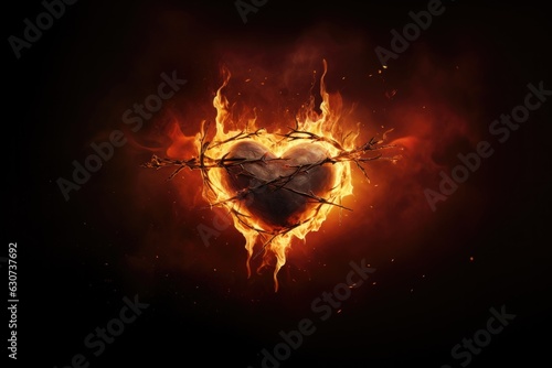 The Sacred Heart, a crown of thorns in the shape of a heart on fire background with copy space