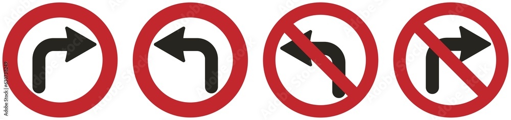 Bundle set of isolated design sticker label do not turn left with black arrow and red do not circle crossed out prohibited sign and turn instruction in red circle sign Bundle set of isolated design sticker label do not turn left with black arrow and red do not circle crossed out prohibited sign and turn instruction in red circle sign