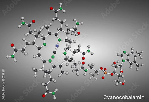 Cyanocobalamin, cobalamin molecule. It is a form of vitamin B12. Molecular model. 3D rendering.