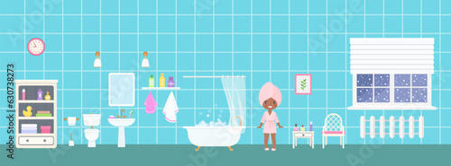 African american girl dressing in pink bathrobe in bathroom.On blue background. Doll house interior concept. Panorama. Cartoon flat style. Vector illustration