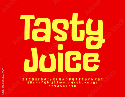 Vector advertising sign Tasty Juice with playful Yellow Font. Childish Alphabet Letters, Numbers and Symbols set