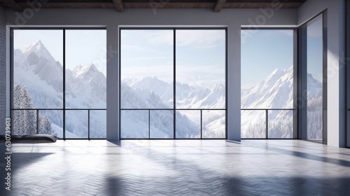 Interior empty room with with views on snow mountains. Copy space. Generative AI