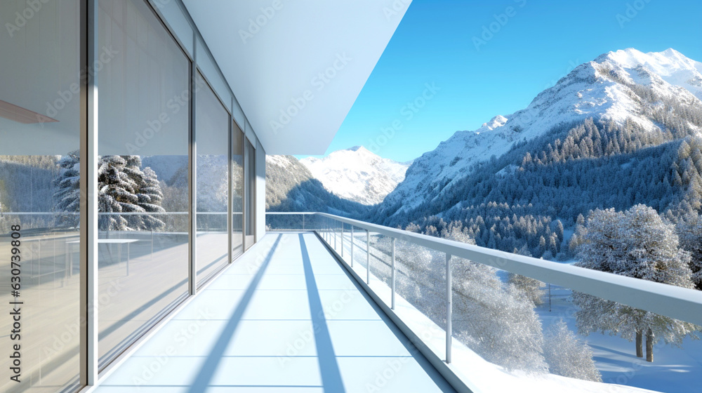 Interior empty balcony room with with views on snow mountains. Copy space. Generative AI Interior empty balcony room with with views on snow mountains. Copy space. Generative AI