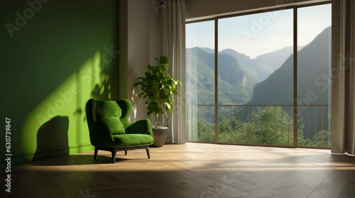 interior room with armchair and windows with views on mountains. Luxury modern apartment. Copy space. Generative AI